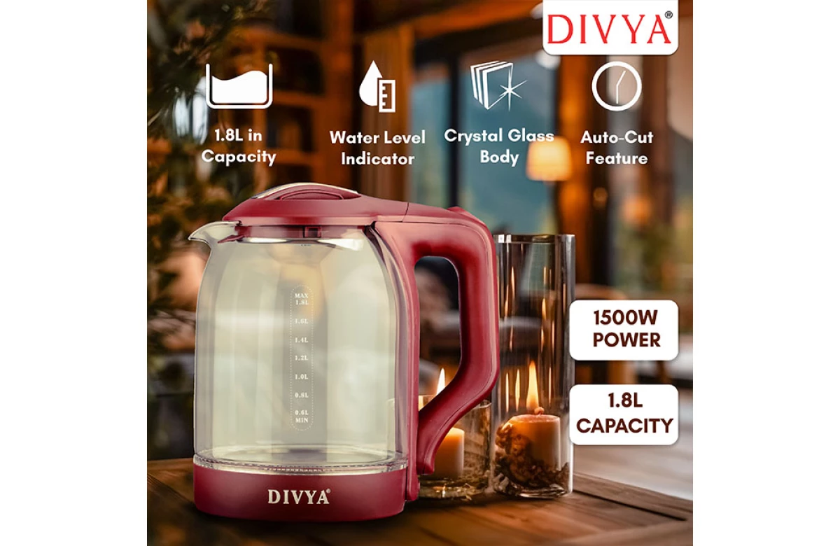 DIVYA 1.8L Maroon Glass Kettle