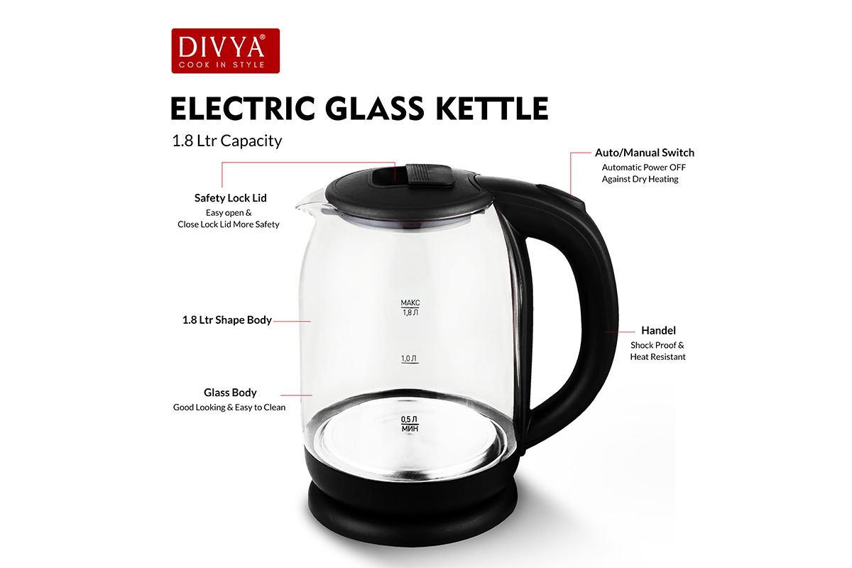 DIVYA 1.8L Black Glass Kettle