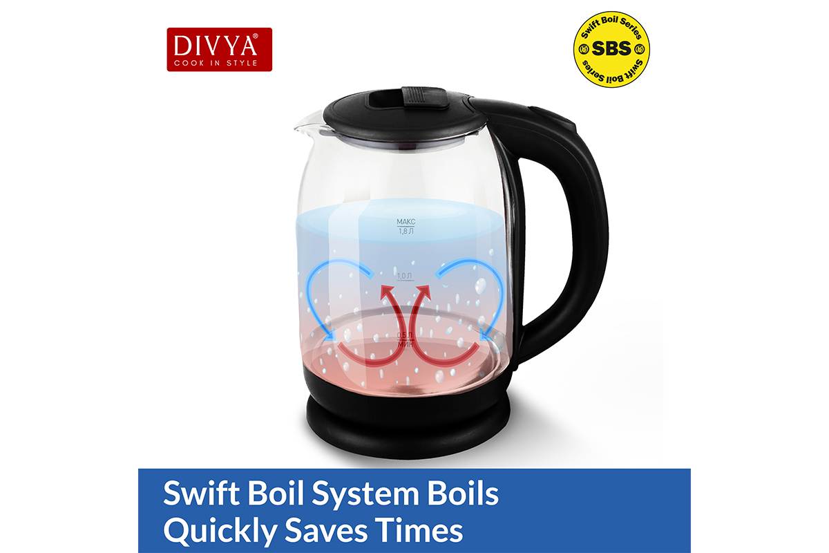 DIVYA 1.8L Black Glass Kettle