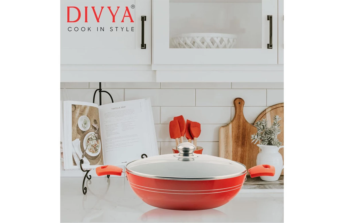 DIVYA 26cm NonsStick Kadhai with Glass Lid