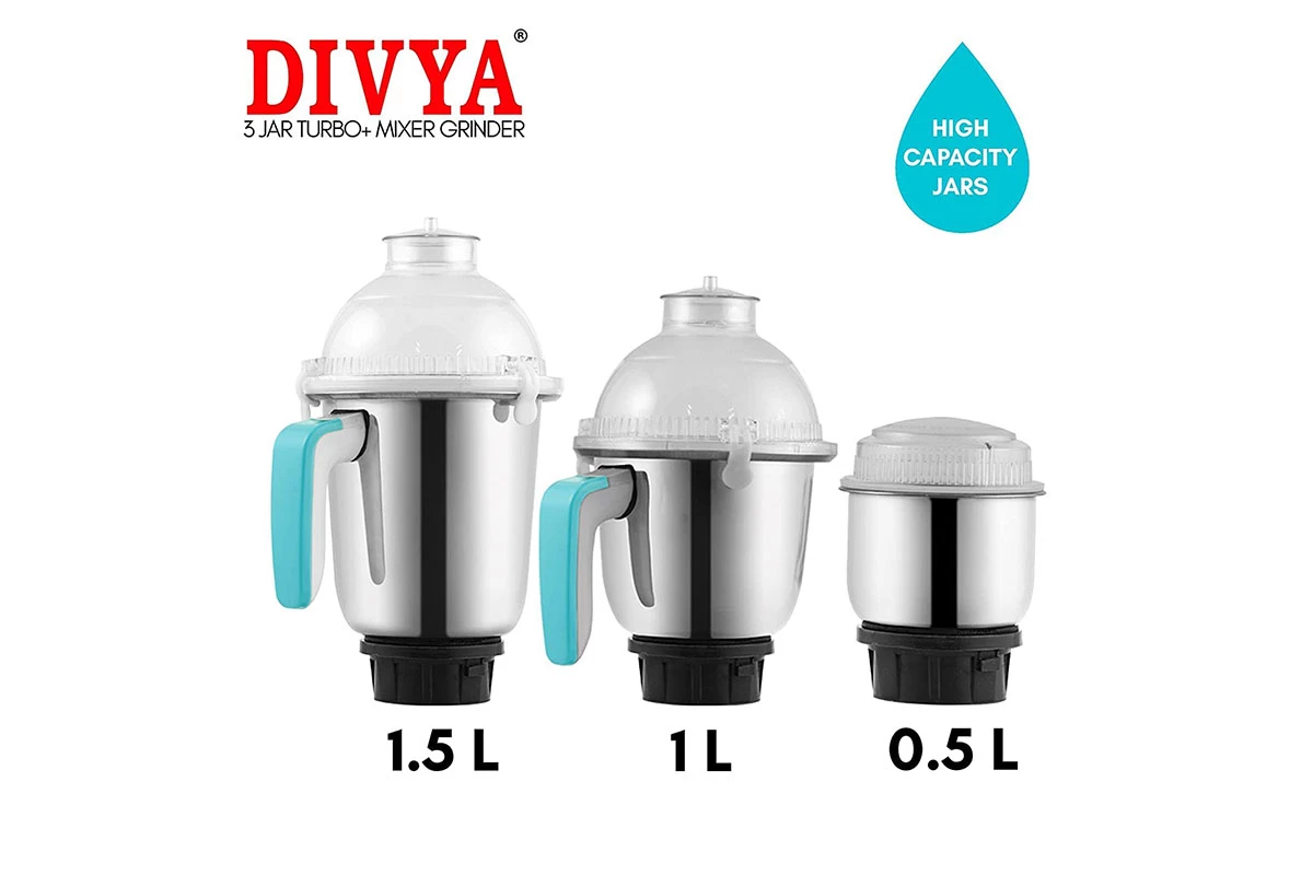 DIVYA 750W Turbo Mixer Grinder, 3 Jars (1500 ml, 1000 ml, 500 ml) (Blue, Black)