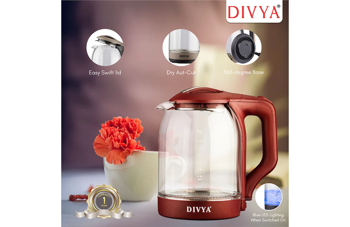 DIVYA 1.8L Maroon Glass Kettle