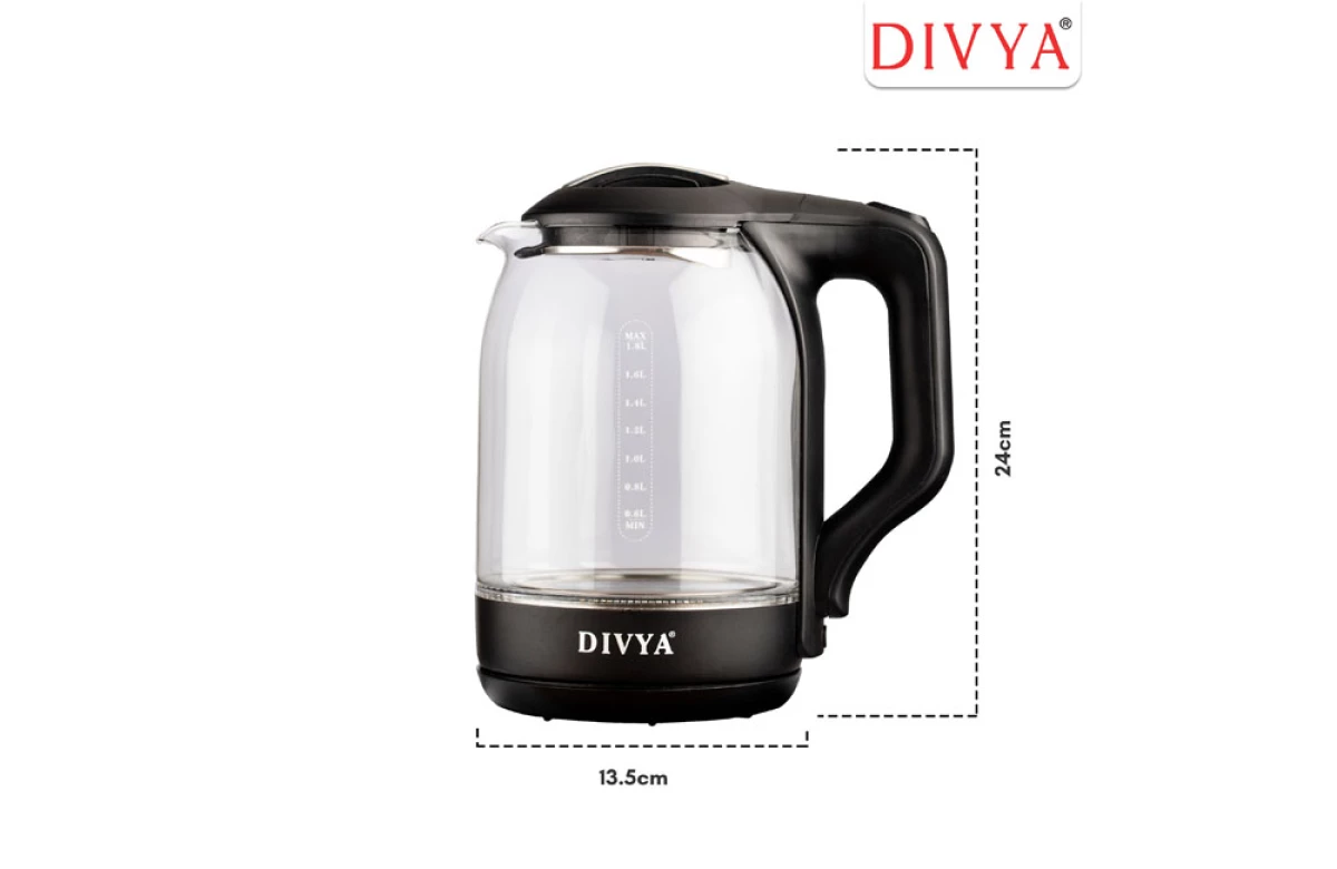 DIVYA 1.8L Black Glass Kettle