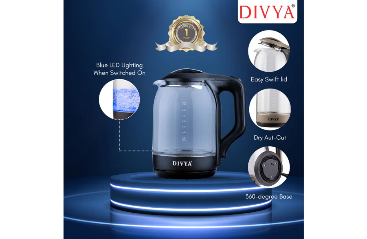 DIVYA 1.8L Black Glass Kettle