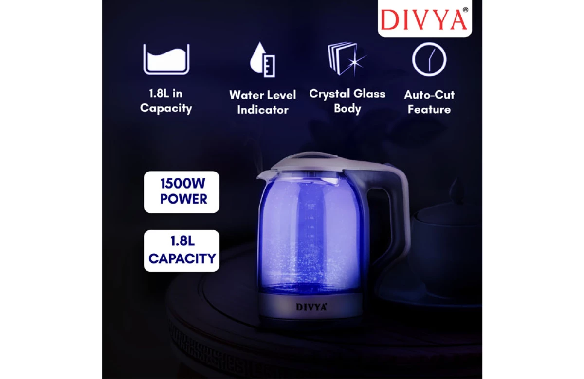 DIVYA 1.8L Grey Glass Kettle