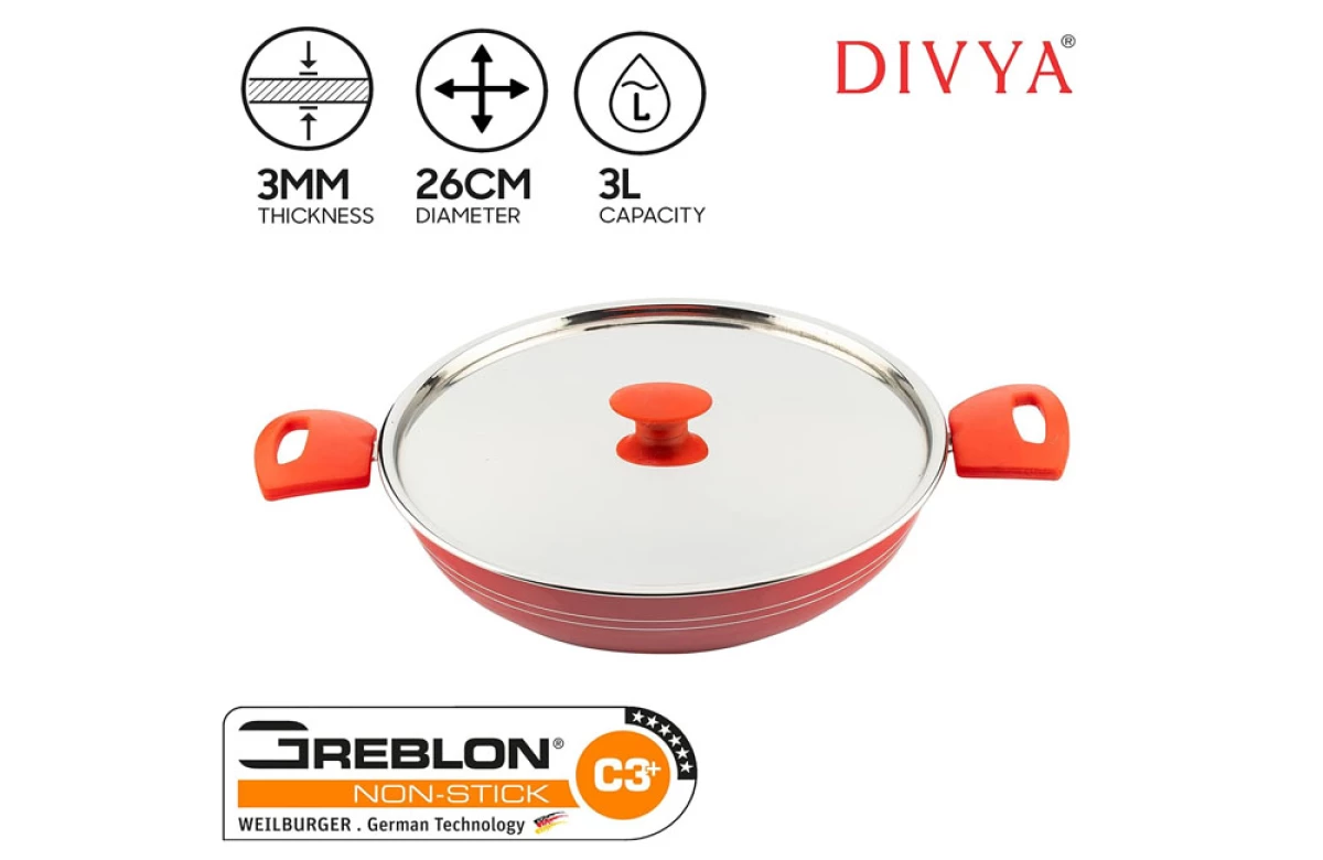 DIVYA 26cm NonStick Kadhai with Steel Lid