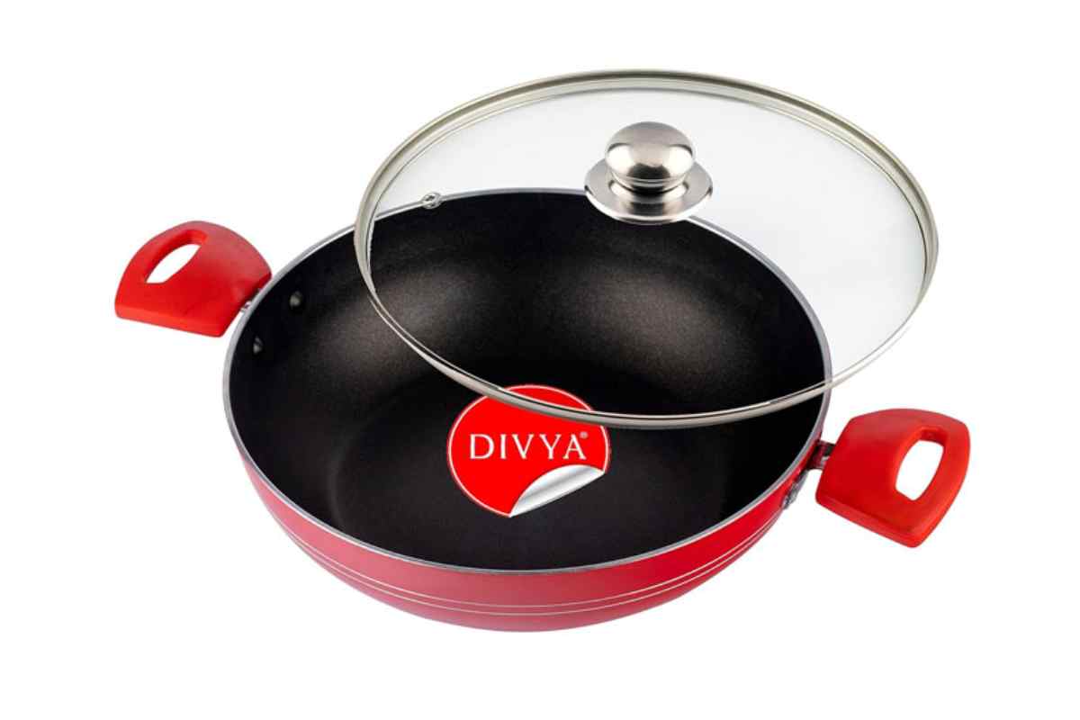 DIVYA 26cm NonsStick Kadhai with Glass Lid