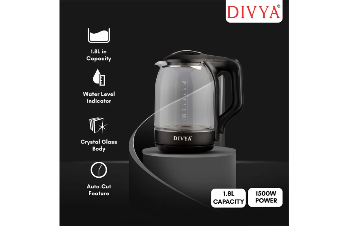 DIVYA 1.8L Black Glass Kettle