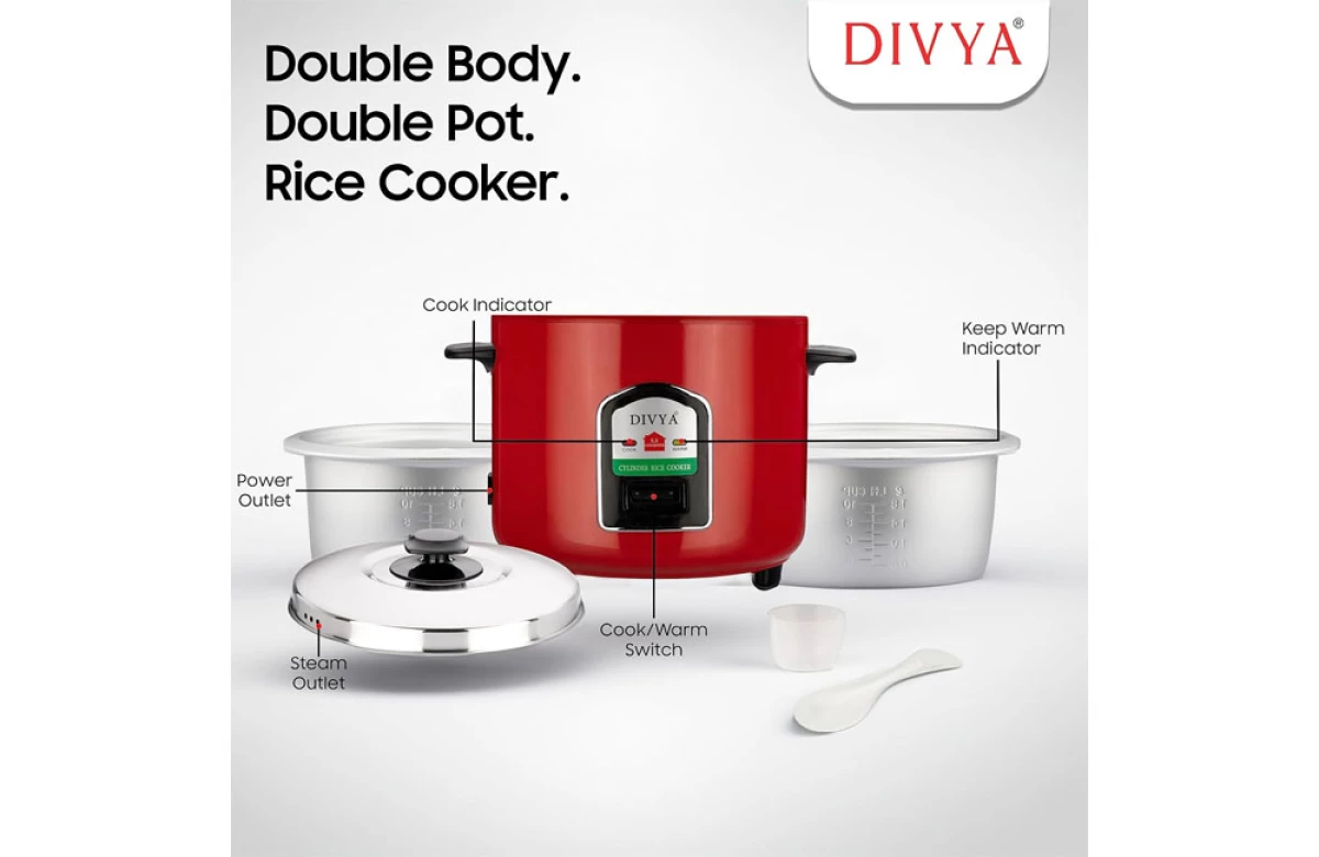 DIVYA 1.8L Red Double Pot Cylinder Rice Cooker