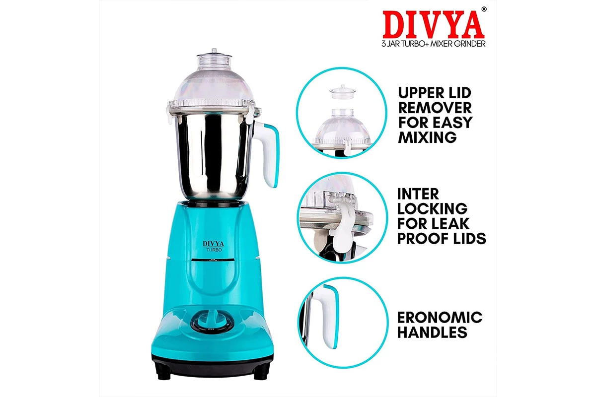 DIVYA 750W Turbo Mixer Grinder, 3 Jars (1500 ml, 1000 ml, 500 ml) (Blue, Black)