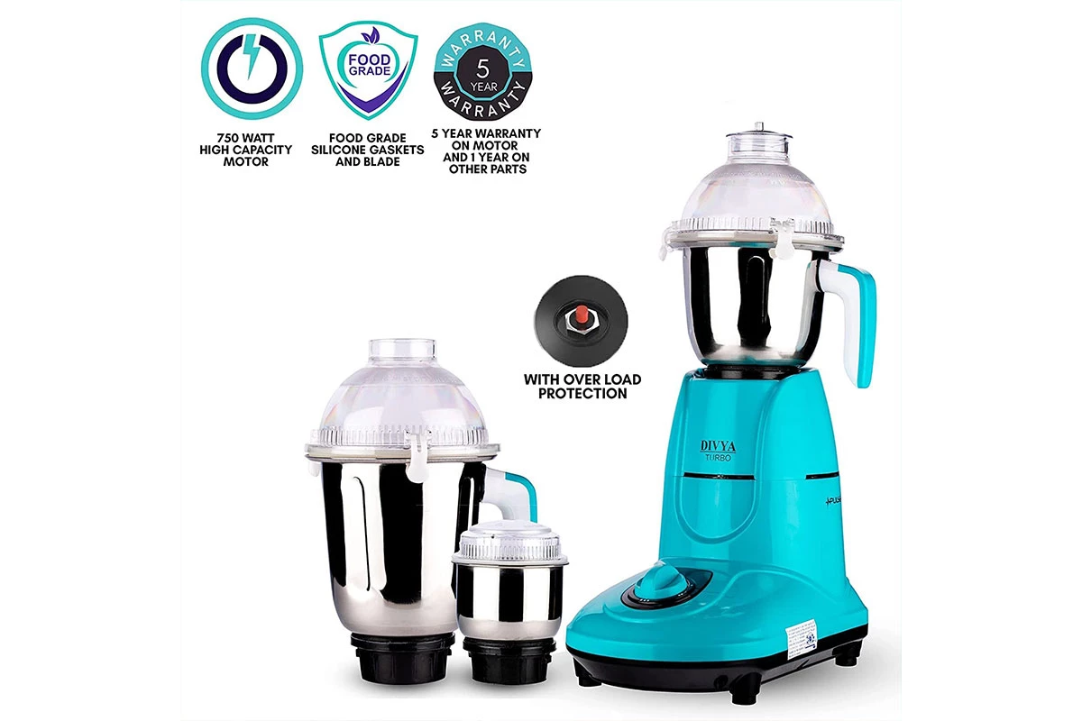 DIVYA 750W Turbo Mixer Grinder, 3 Jars (1500 ml, 1000 ml, 500 ml) (Blue, Black)